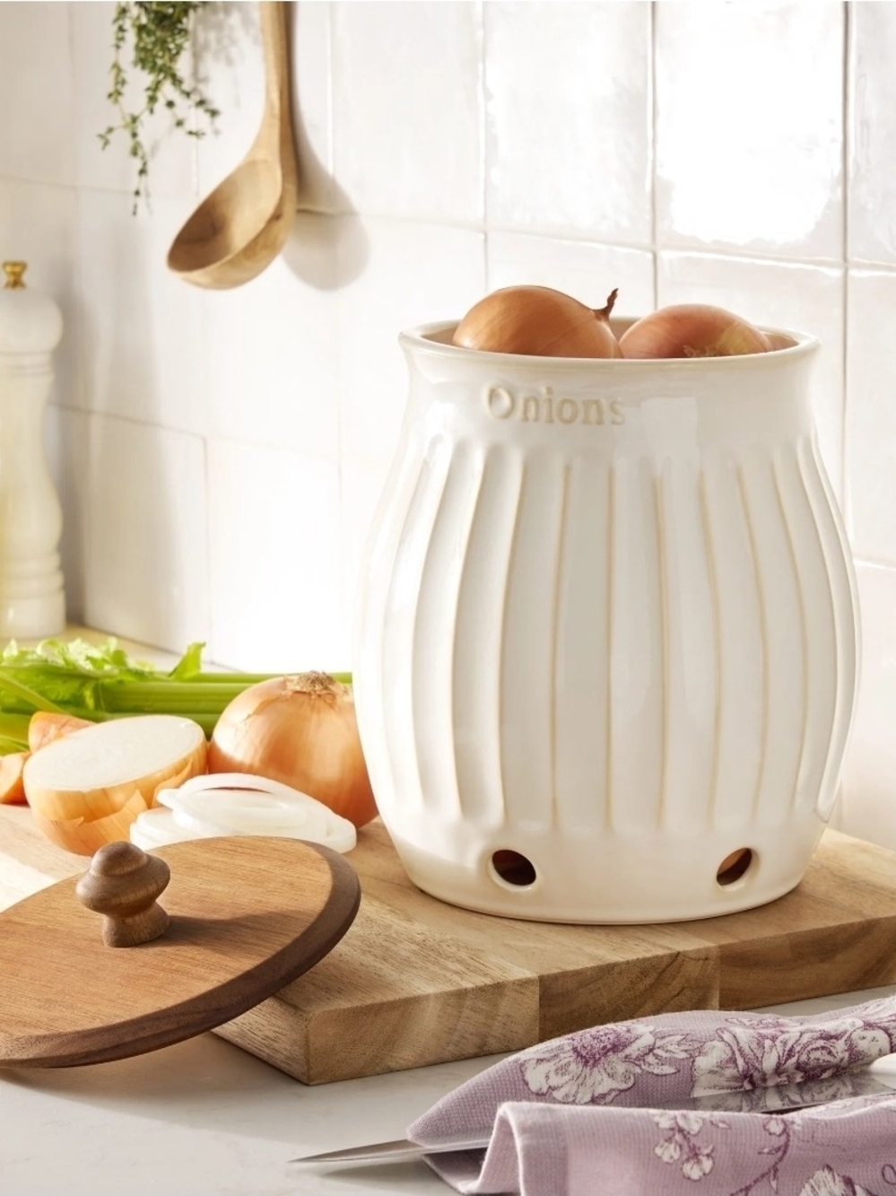 The Pioneer Woman Cream Ceramic Onion Crock with Vent Holes